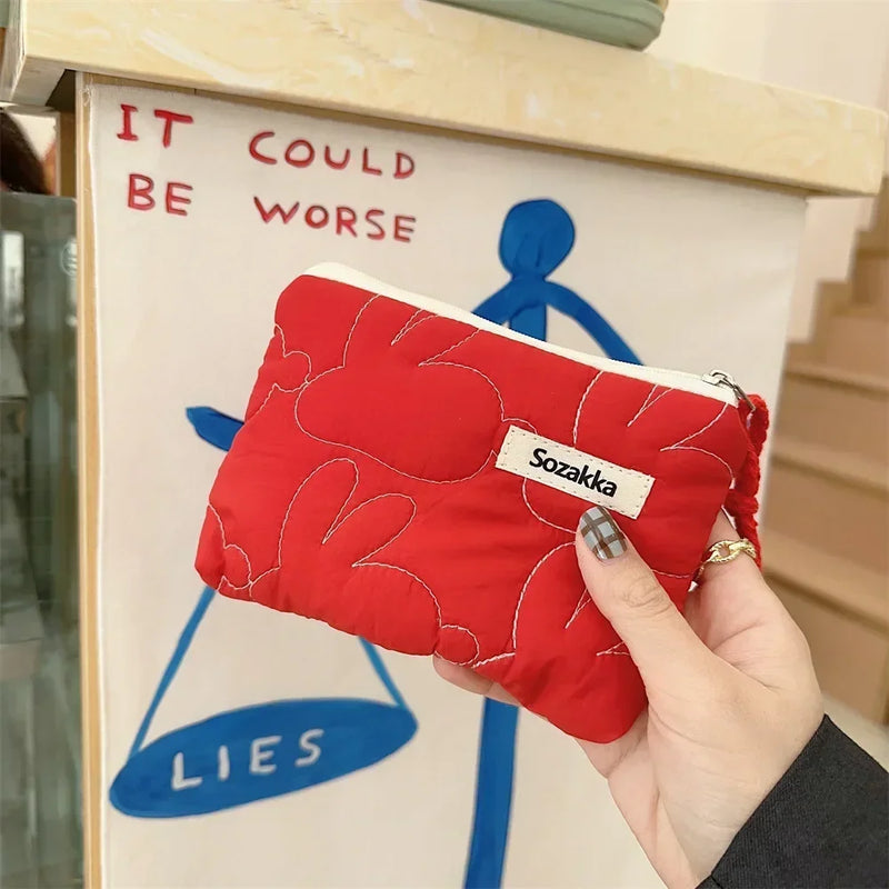 Cartoon Flower Square Cosmetic Bag Women Portable Earphones Lipstick Sanitary Napkins Storage Pouch Small Makeup Zipper Bags
