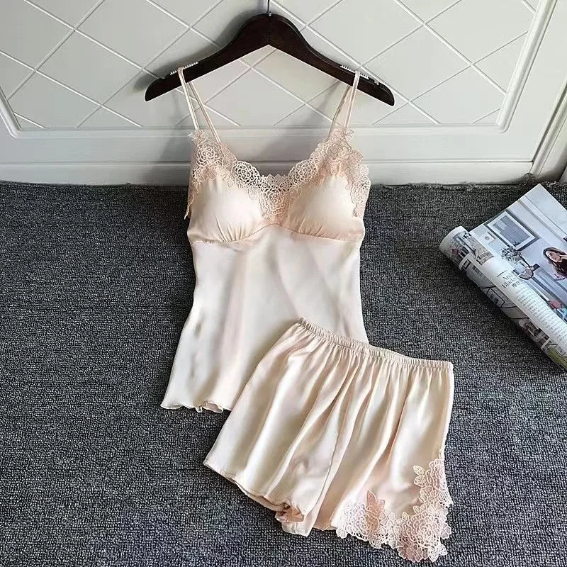 Summer Ice Silk Thin Strap Sleepwear Sexy Women's Home Clothes with Chest Pad High End Sensual Nightgown V-neck No Sleeve