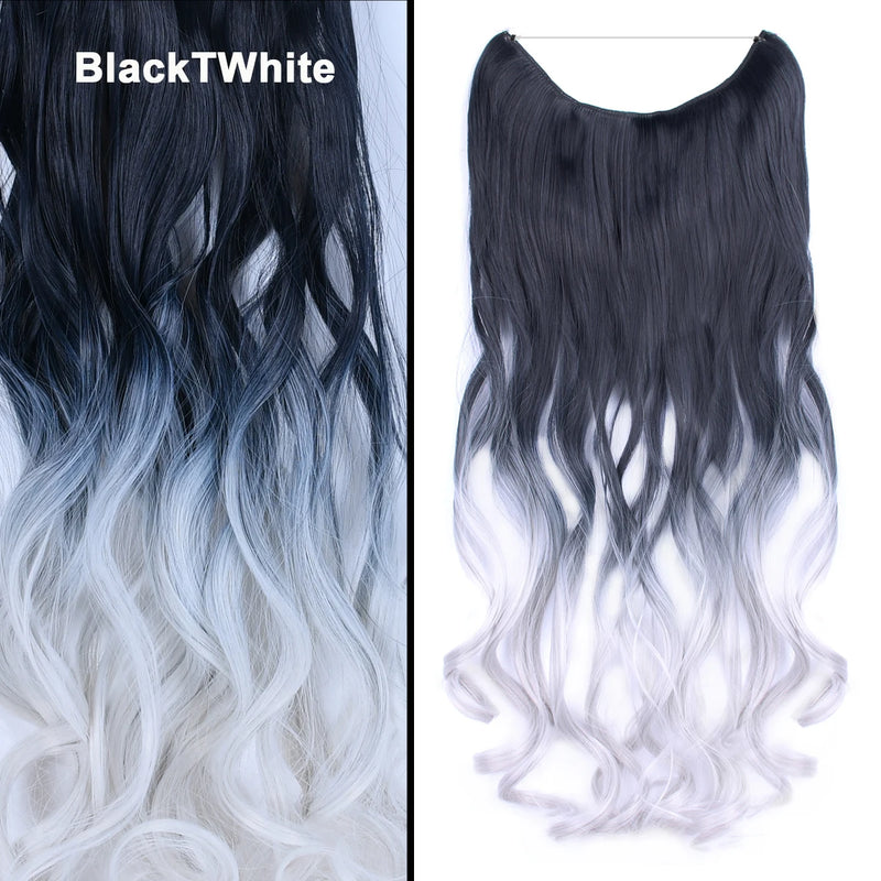Jeedou One Piece Synthetic Hair Extension No Clips Whit Invisible Line Straight&Wavy Hair Hairpieces Brown Blue Ombre Color