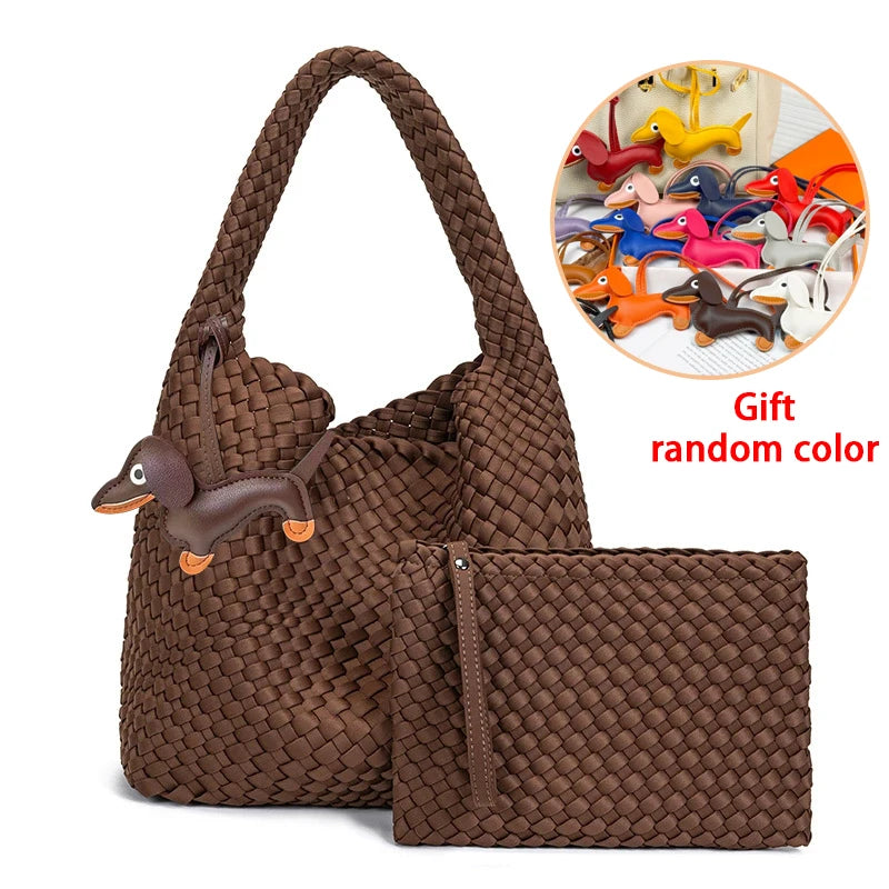 High Quality Handmade Woven Bags Ladies Neoprene Top-handle Shoulder Bag Travel Shopper Hobo Tote Bag with Purses for Women