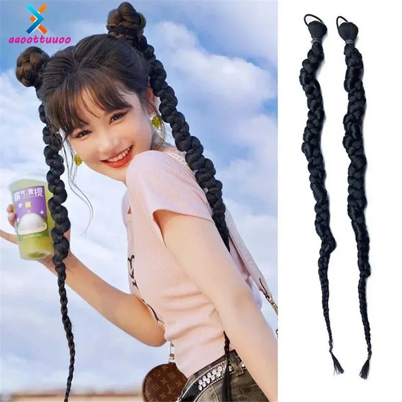 synthetic wig 2Pcs Hip-Hop Women Black Braided Twisted Ponytail Wig Long Braid Extensions Girls Hair Accessories