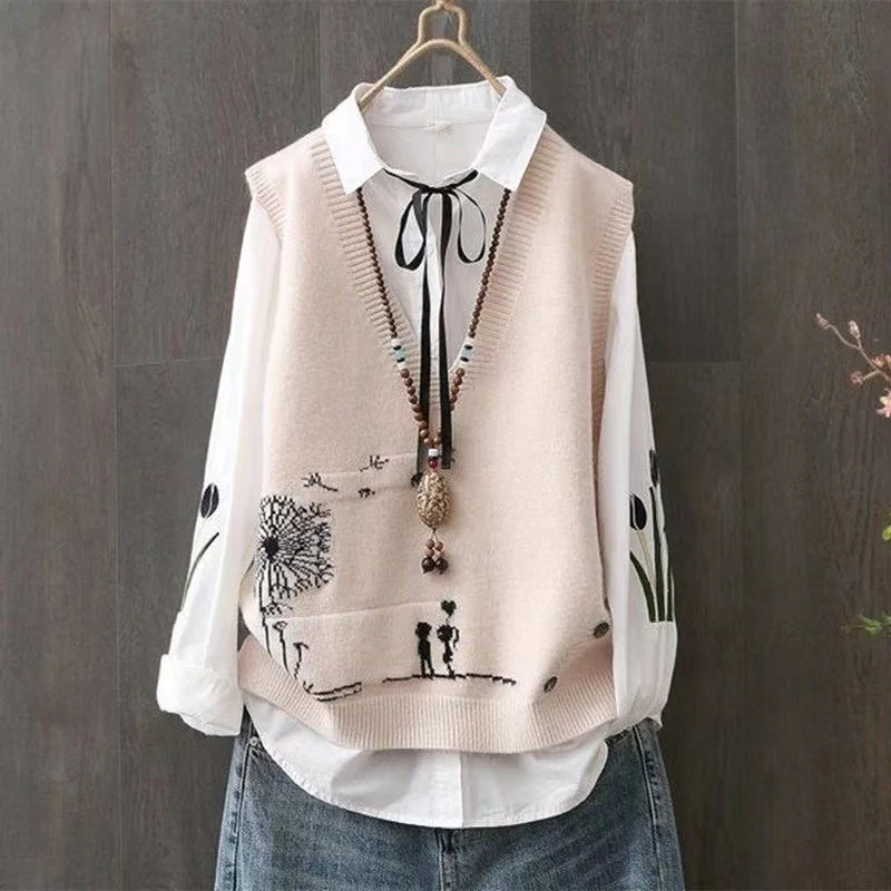 Artistic Knitted Sweater Vest Women's Faionable Yarn Top V-ne Button Detail Regular Length Pure Color Commute Sle