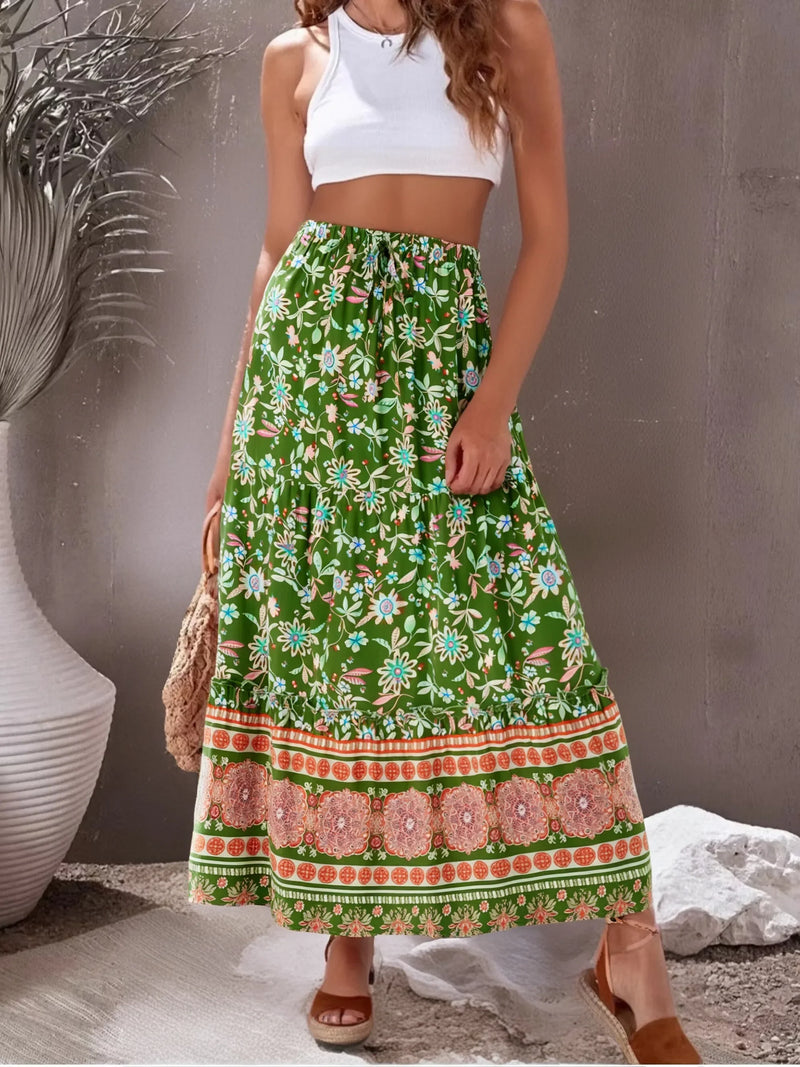 Boho Queens Women Wild Floral Print Beach Bohemian Skirt with Pockets High Waist Rayon Maxi  A-Line Ruffles Boho Skirts Femme