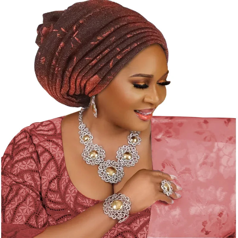 African Lady Headpiece Muslim Headscarf Hat Glitter Fabric Turban Cap for Women Pleated Head Wraps Bonnet