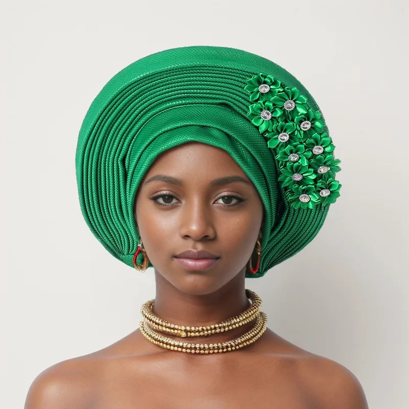 Vermelho Multi-Layered chapéu de turbante, Africano Fan Shaped cabeça Wraps, Headwear plissado com Cristal, Nigéria Headtie, Auto Gele, Casamento