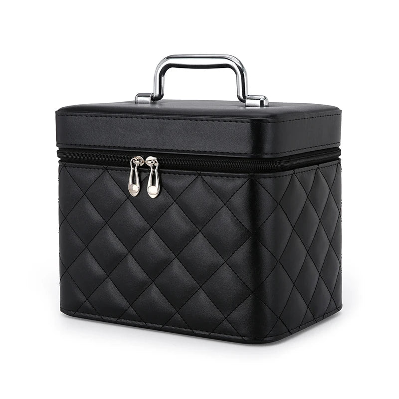 Large Capacity Quilted Makeup Bag Travel Cosmetic Organizer PU Portable Toiletry Storage Handheld Bag