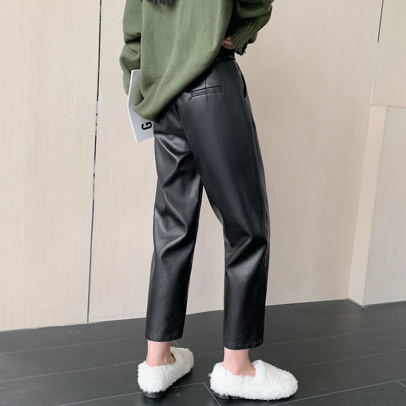 New 2024 Autumn Winter Leather Pants Women Korean Fashion High Elastic Waist Black Color Harem Trousers Female Pantalones