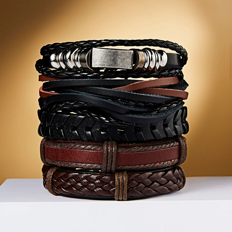 6Pcs/Set Fashion Multilayer Leather Rope Chain Bracelets For Men Women Punk Charm Metal Geometric Black Brown Bangles Jewelry