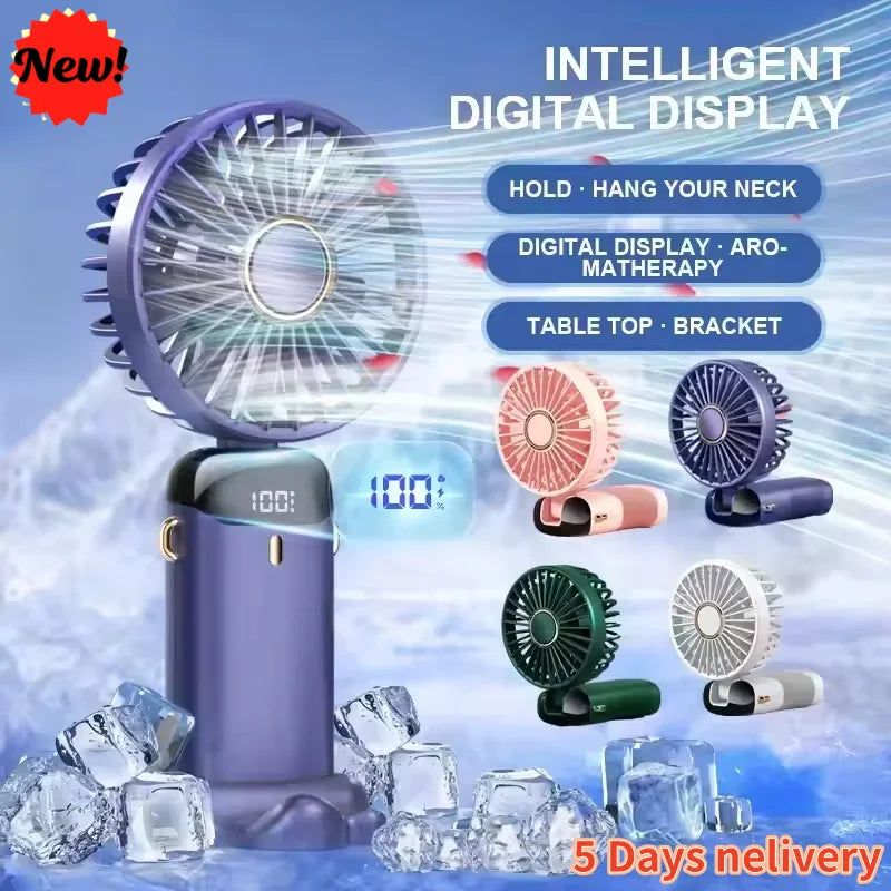 USB Rechargeable Handheld Mini Fan Foldable Portable Fan 5 Speed Levels LED Display Dual Battery 360° Adjustable Home Travel Use