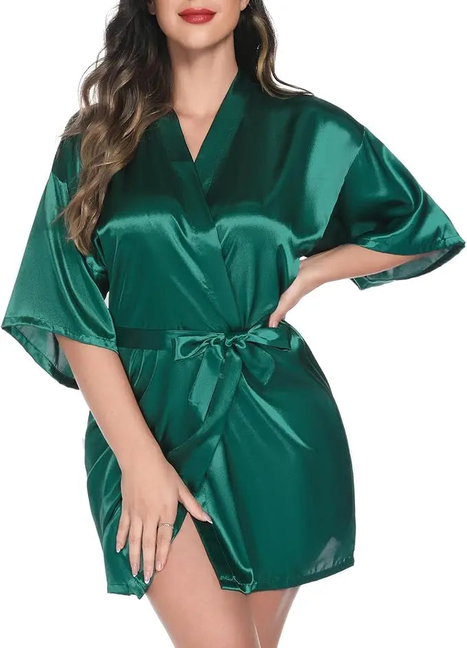 New Silk Kimono Robe Bathrobe Women Silk Bridesmaid Robes Sexy Navy Blue Robes Satin Robe Ladies Dressing Gowns