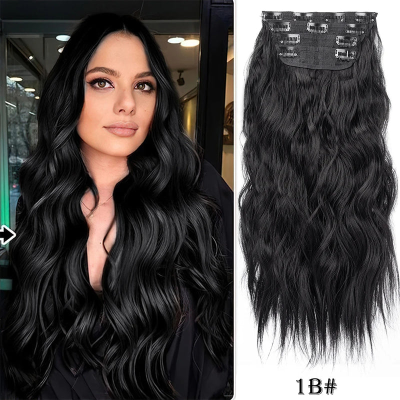 Leeons ondulado clipe em extensões de cabelo 4 pçs natural macio longo ondulado postiços grosso duplo trama clipe em extensões de cabelo para mulher