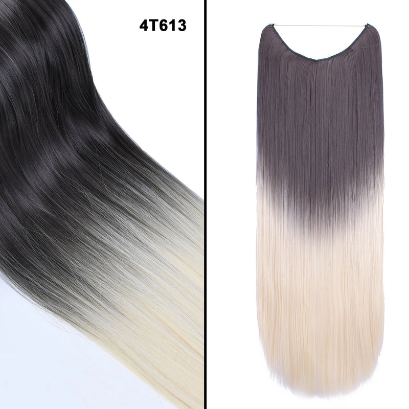Jeedou One Piece Synthetic Hair Extension No Clips Whit Invisible Line Straight&Wavy Hair Hairpieces Brown Blue Ombre Color