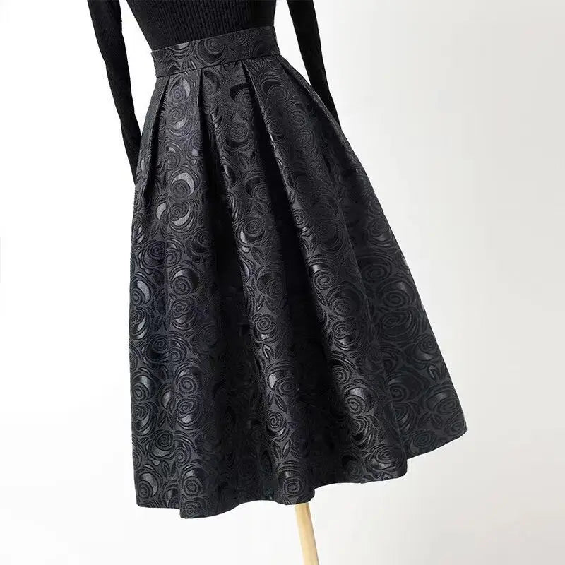 High-End Temperament Jacquard Hollow Out Elastic Waist Irregular Skirts 2023 Vintage All-match A-line Skirt Streetwear Long Skir