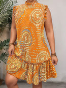 Plus size 2025 verão novo feminino elegante fino ajuste vestido de manga curta-preto ouro e vermelho paisley impressão bainha franzida em torno do pescoço