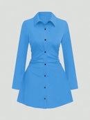 Plus size casual cintura fina manga longa camisa vestido cor pura elegante estilo viajante 2025 outono novo