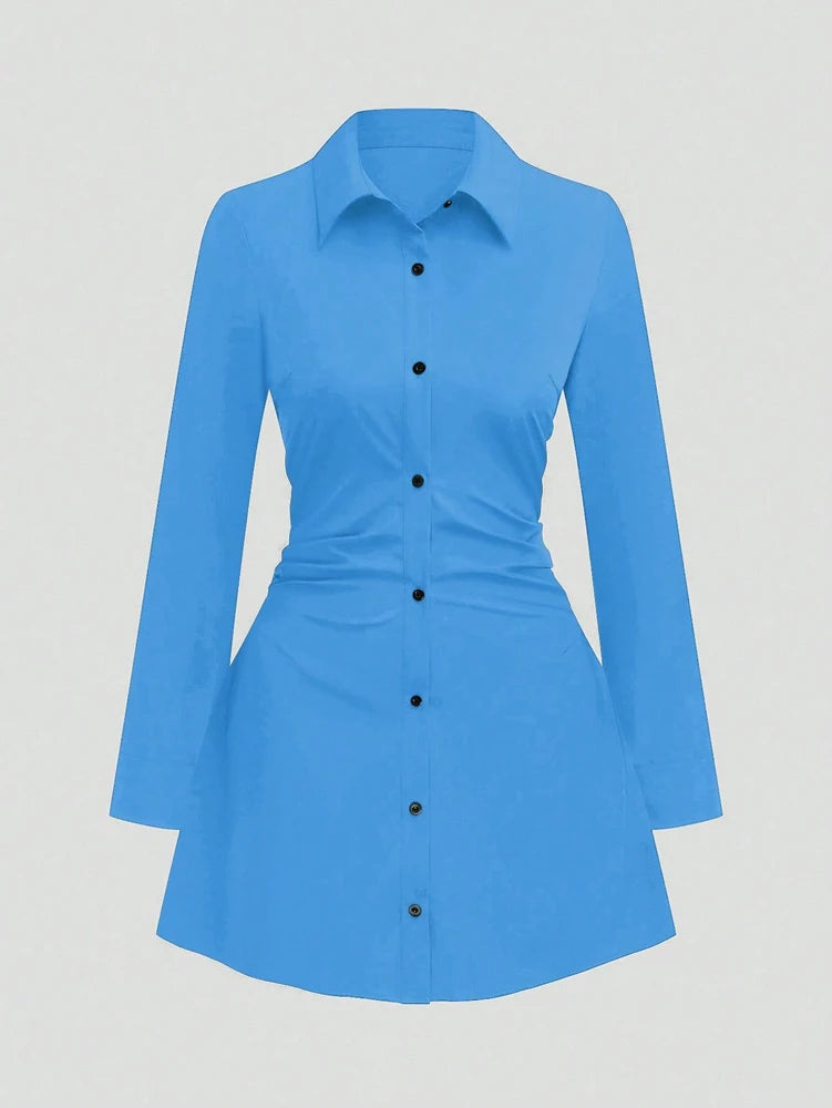 Plus size casual cintura fina manga longa camisa vestido cor pura elegante estilo viajante 2025 outono novo