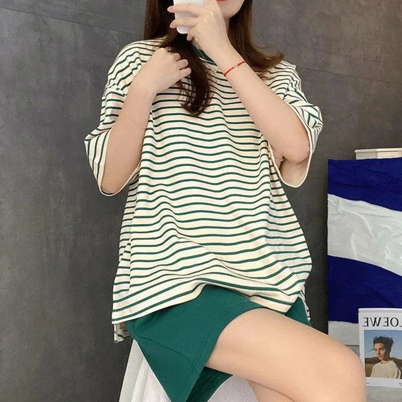 Large Size with Cushion Pajamas Women Summer Loose Striped School Leisure Homewear Two-Piece Set Green Korean Fashion Sleepwear