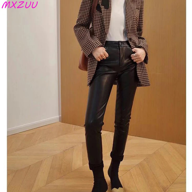 Black/White Genuine Leather Pencile Pants Sheepskin Classic High Waist Skinny Trousers Stretch Leggings for Women Pantalon Mujer