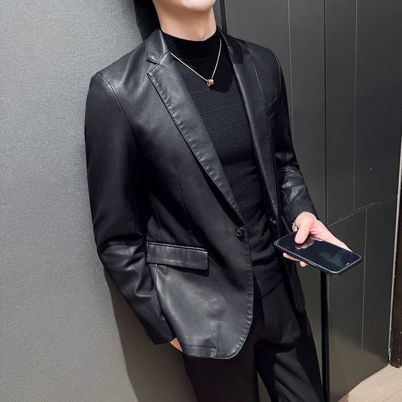 Male Fashion Business Fashion Men's Casual Leather Dress Suit Coat Casual Pu Blazers Jacket Casual Blazer Jackets Man Outerwear