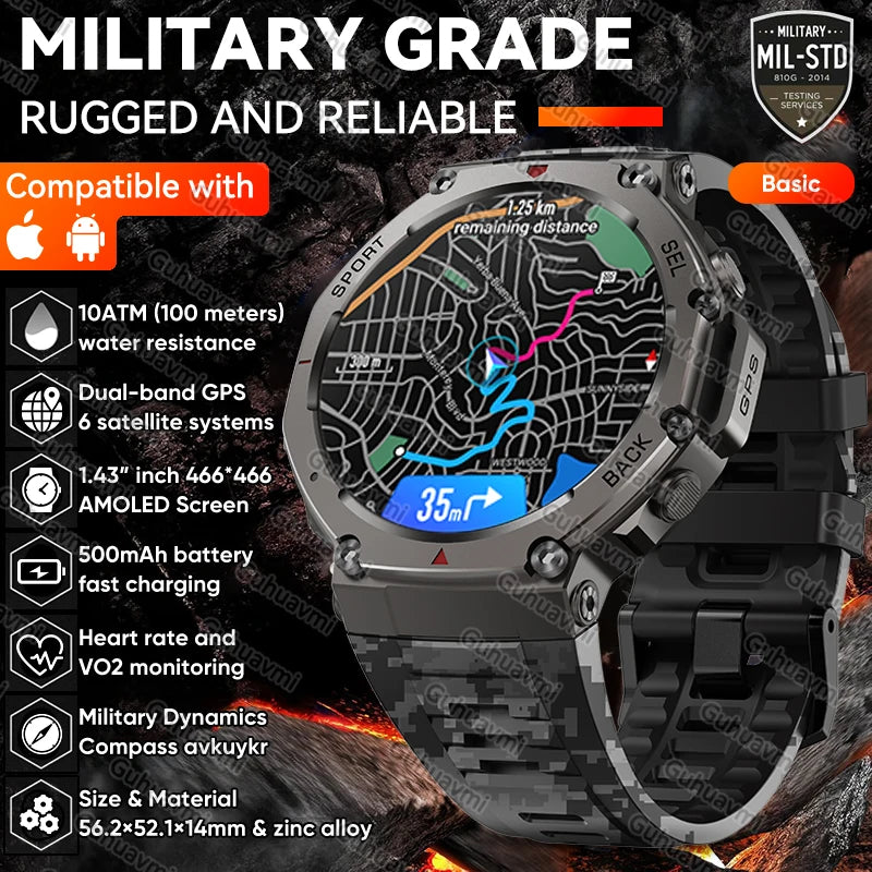 Novo t-rex 3 banda dupla gps militar relógio inteligente 48mm 10atm resistente à água 500mah bateria bússola altímetro smartwatch para huawei
