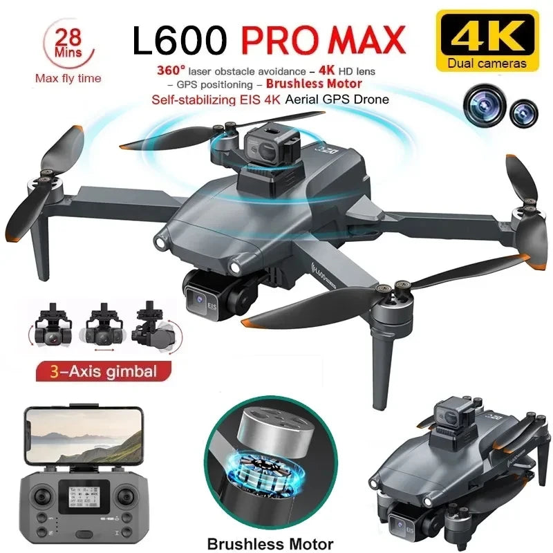 L600 pro max gps drone profissional 4k 3 eixos ptz hd câmera dupla evitar obstáculos motor sem escova 5g wifi rc quadcopter brinquedos