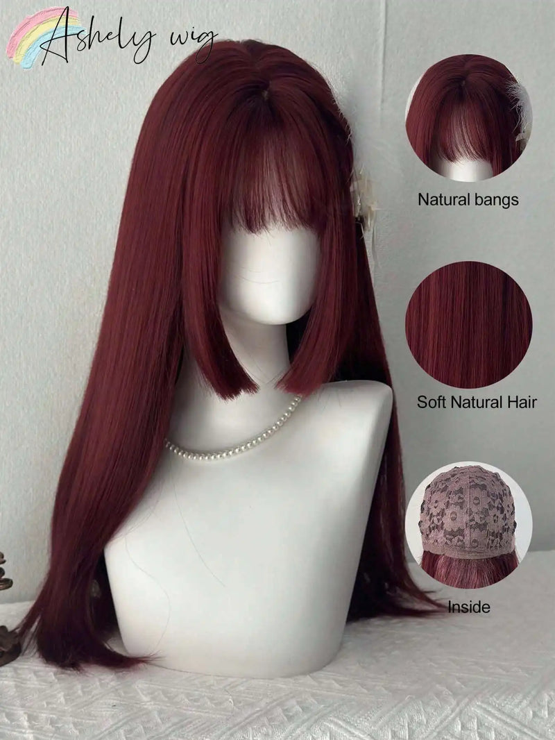 Ashely Cosplay Burgundy Long Straight Wig with Bangs 24 Inch Red Synthetic Wigs for Women Fashion Daily Party Wigs Lolita Wig