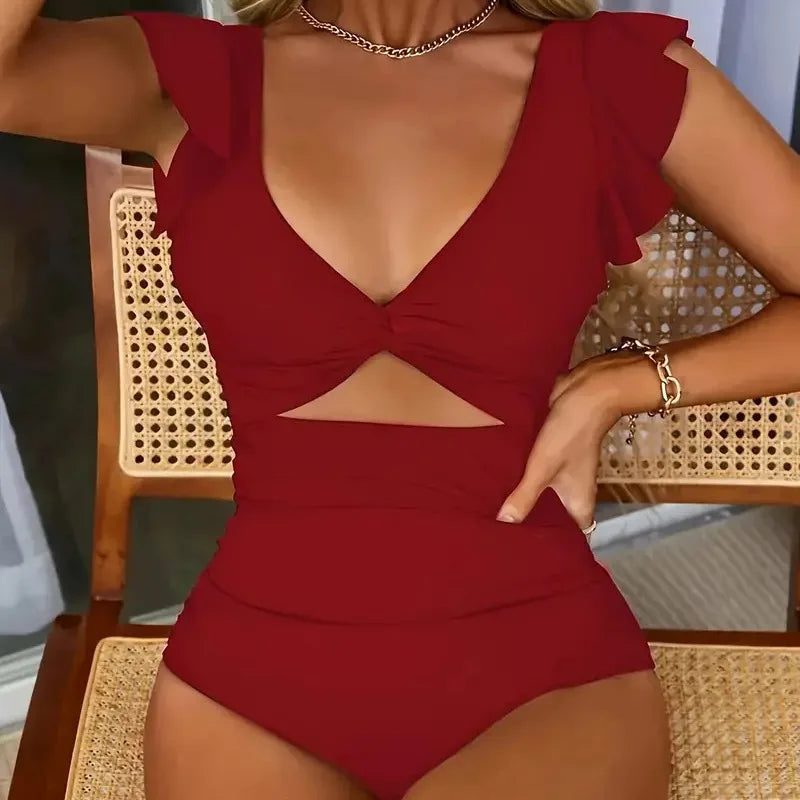 Contrast Mesh One Piece Swimsuit, V Neck Solid Color Backless Tummy Control High Cut Bathing Suit, Women's Swimwear & Clothing