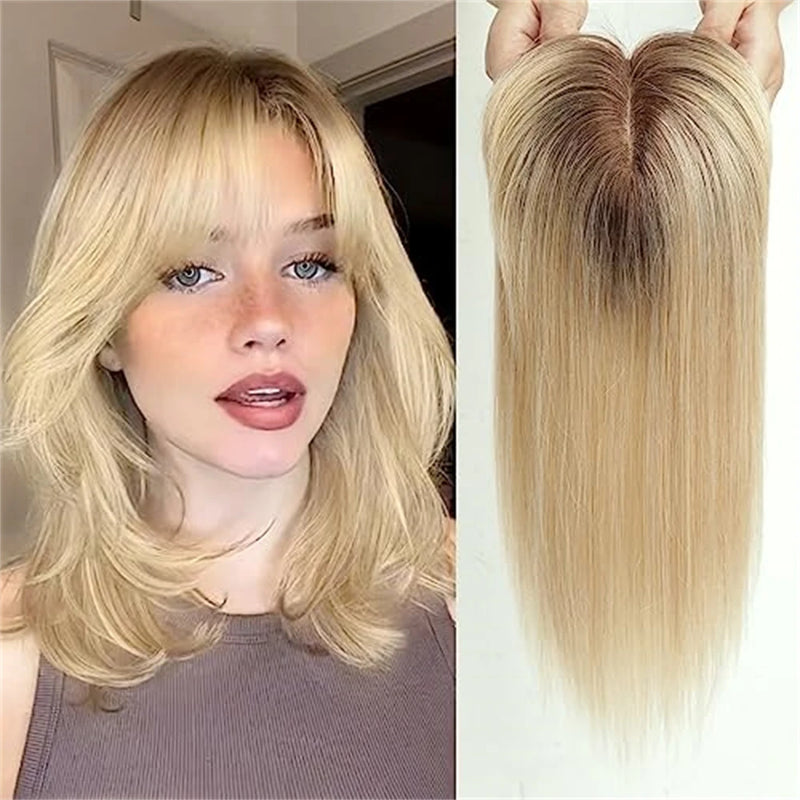 Toppers de cabelo loiro ombre para mulheres 100% remy cabelo humano topper com base de seda bang clipe em topper extensão de cabelo com cabelo fino