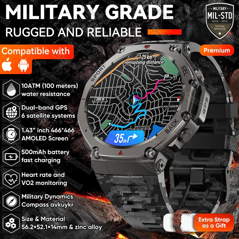 Novo t-rex 3 banda dupla gps militar relógio inteligente 48mm 10atm resistente à água 500mah bateria bússola altímetro smartwatch para huawei