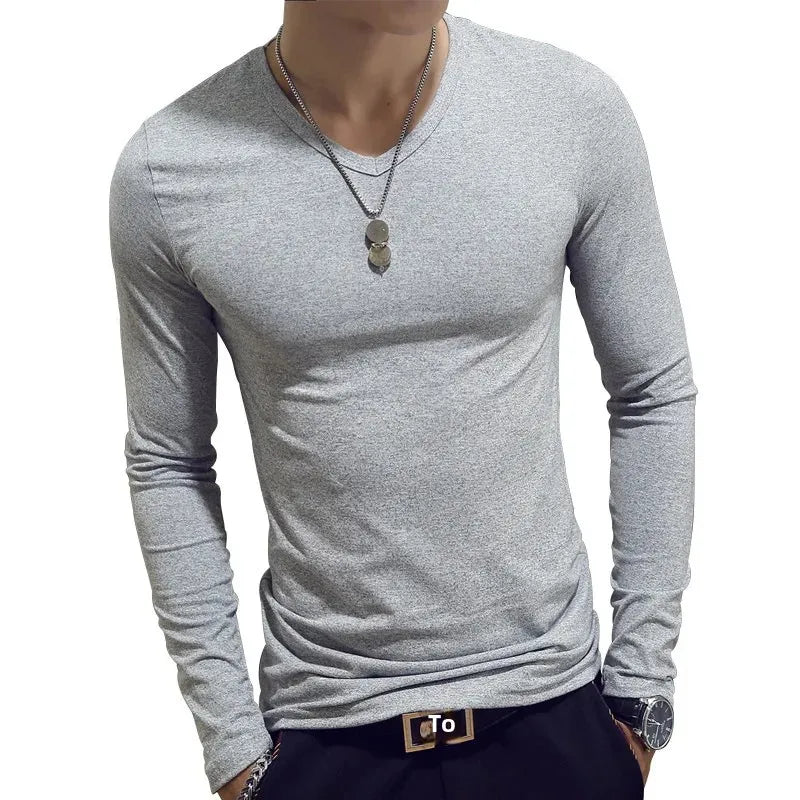 2023 Men's Long Sleeve T-shirts Loose-Fit Solid Color V-Neck Base Layer Top Thin Style Autumn Clothing