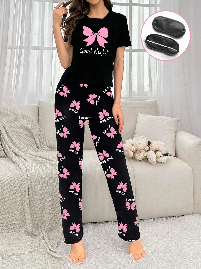 Women's new style bow print short-sleeved trousers two-piece casual comfort home wear eye mask pajamas set