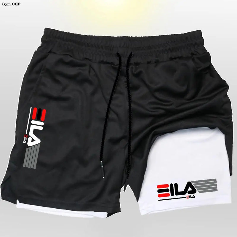 Shorts corrida secagem rápida para homens, esportes de ginástica, ao ar livre, treino, fitness, jogging, calças curtas, 2 em 1, verão
