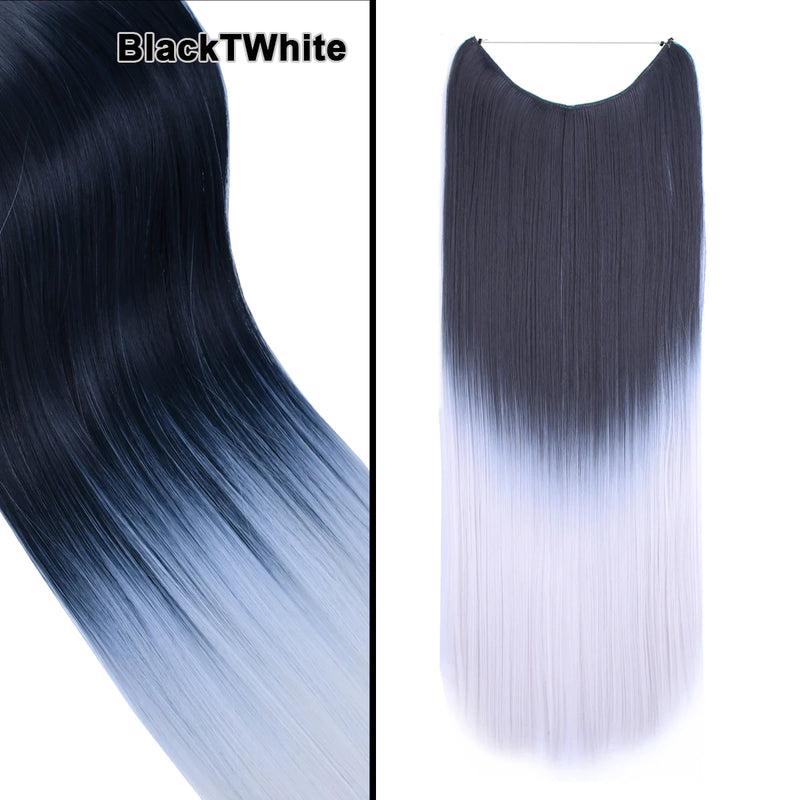 Jeedou One Piece Synthetic Hair Extension No Clips Whit Invisible Line Straight&Wavy Hair Hairpieces Brown Blue Ombre Color