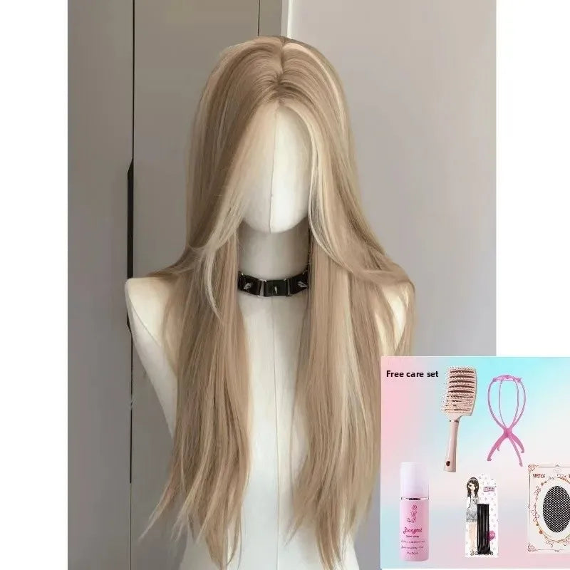 Asian Women's Gradient Highlighted Straight Hair Wig Front Lace American Retro Style Dyeing Chic Golden Brown Middle Part