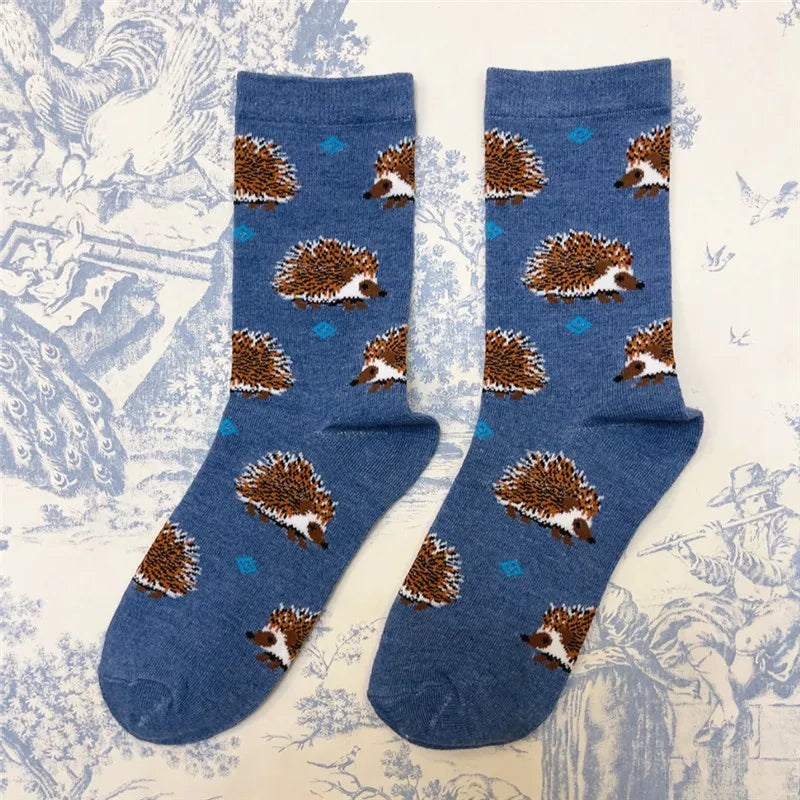 1Pair Adult Size Mid Calf Crew Cartoon Hedgehog Cottton Unisex Socks British Style Casual Harajuku Forest Animal Art Couple Fun