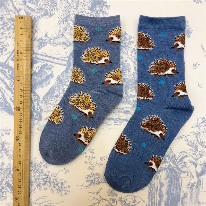 1Pair Adult Size Mid Calf Crew Cartoon Hedgehog Cottton Unisex Socks British Style Casual Harajuku Forest Animal Art Couple Fun