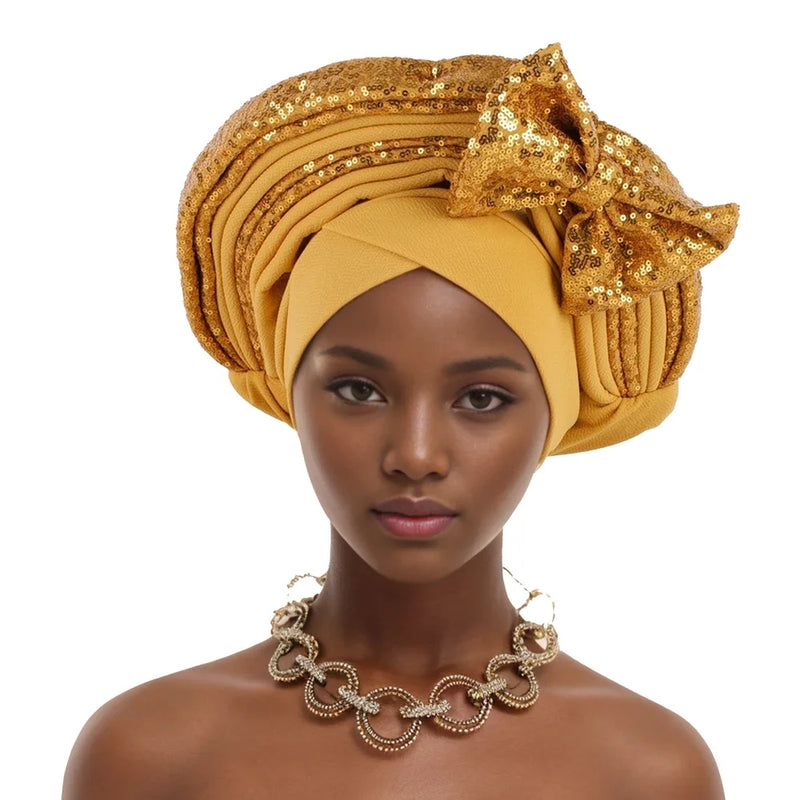 Lantejoulas Bowknot Headtie Africano, Nigeriano Auto Gele Envoltórios Cabeça das Mulheres, Já Feito Boné de Turbante, Casamento Geles Festa Capacete