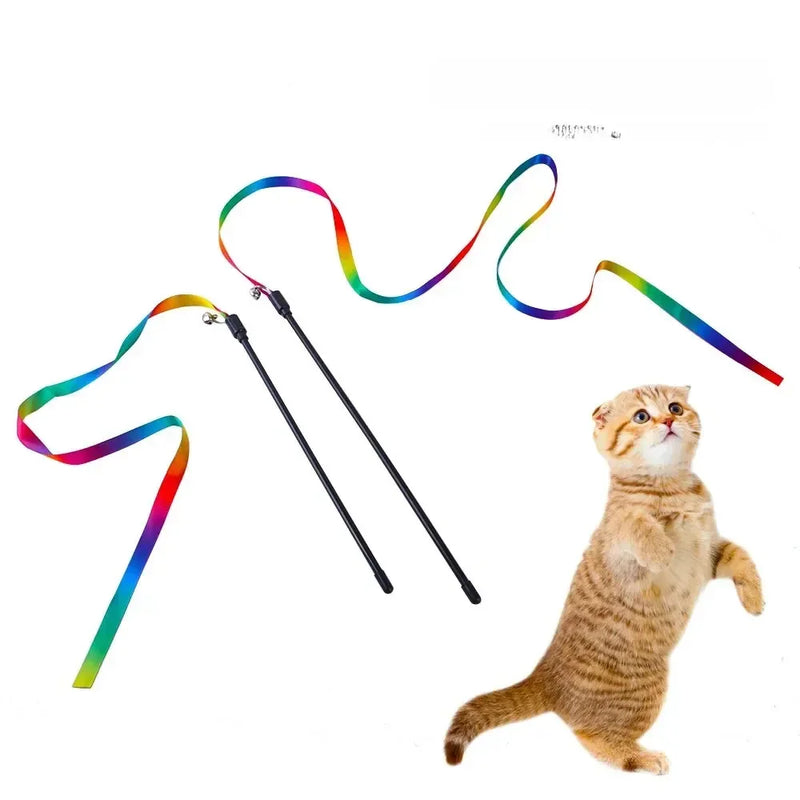 Toy Colorful Teaser Wand Double Sided Rainbow Ribbon Cat Stick Self Amusement Interactive Durable Safe Lightweight Eye Catching