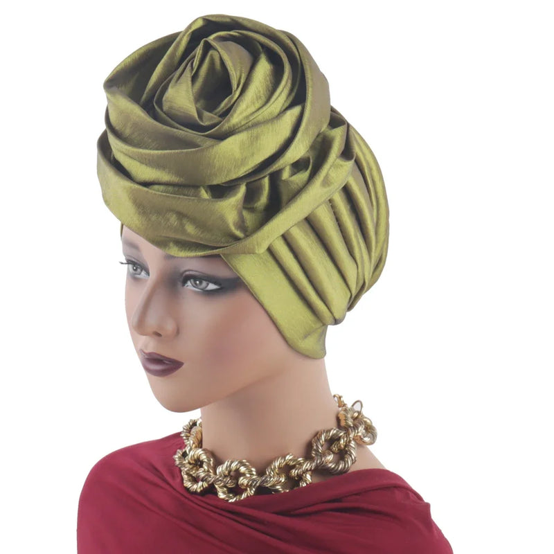 Raw Silk Big Rose Flower African Turban Caps for Women Headwear Head Wraps Nigerian Wedding Geles Party Headgear Bonnet