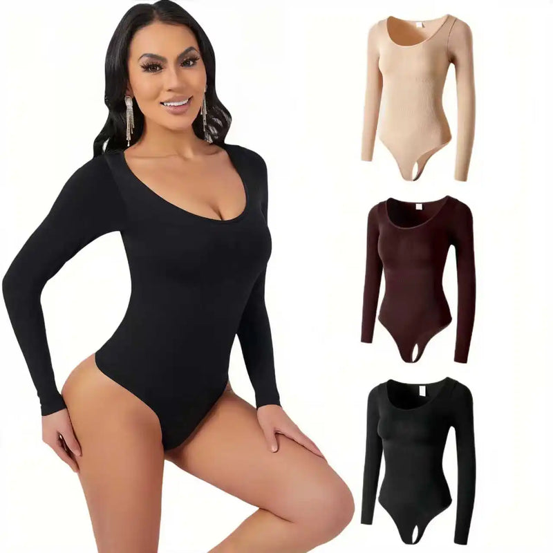 Seamless Open Crotch Big U Neck Bodysuit Long Sleeve Spandex Elastic Shapewear Tummy Control Waist Shapers for Women