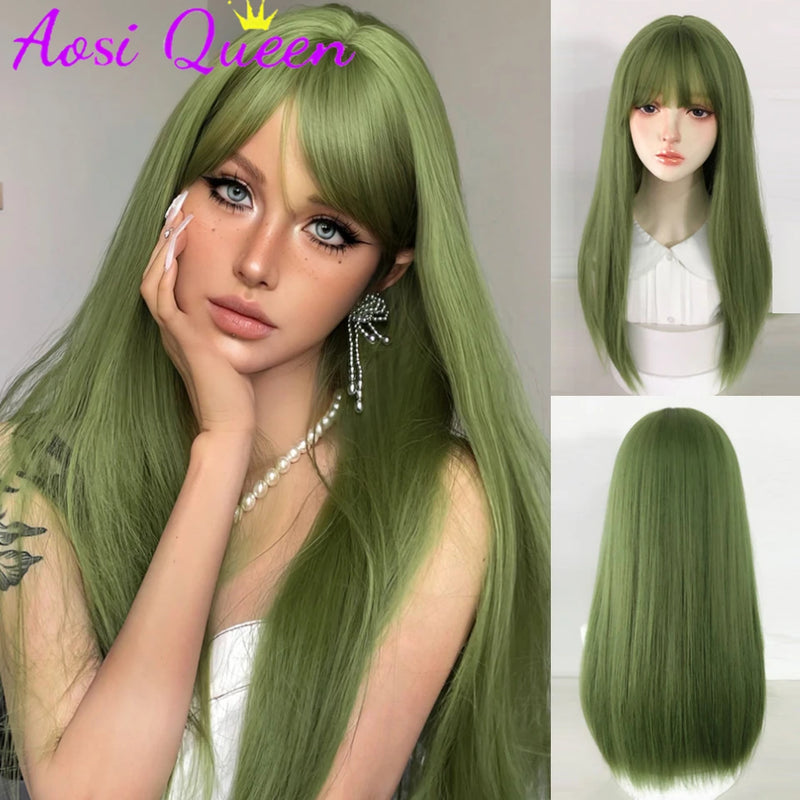 AOSI  20 Inch Fruit Green Long Straight Hair With Bangs Synthetic Heat-resistant Long Straight Hair Cos Wig