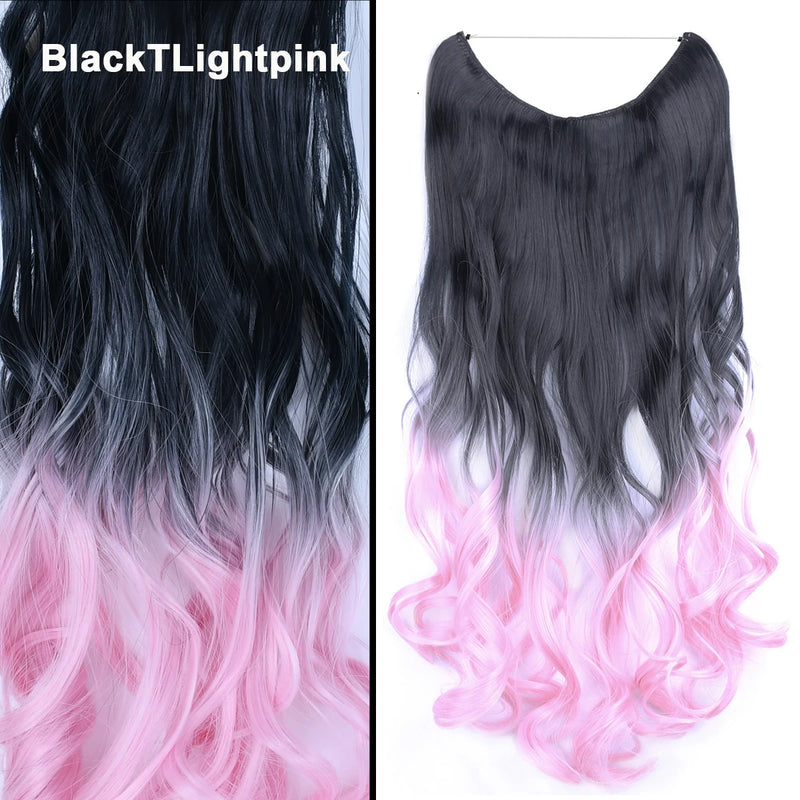 Jeedou One Piece Synthetic Hair Extension No Clips Whit Invisible Line Straight&Wavy Hair Hairpieces Brown Blue Ombre Color