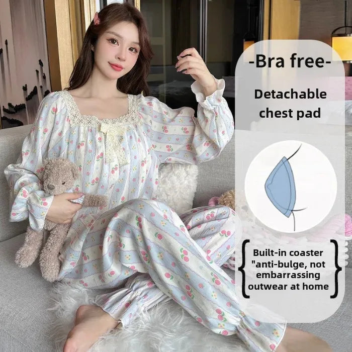 Elegant Women's Bow Long Sleeve Pajama Set With Chest Pad Autumn/Winter New Style Cloud Cotton One-Row Collar Home Clothes