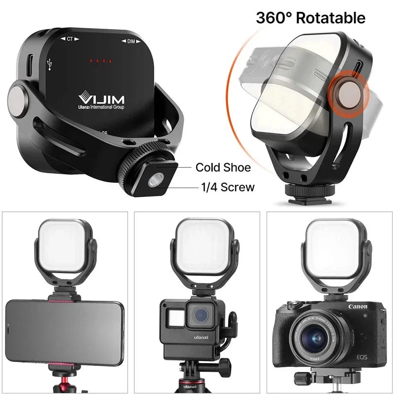 Ulanzi VL66 dimmable LED light with 360 ° rotating bracket, rechargeable, suitable for SLR/mobile phone