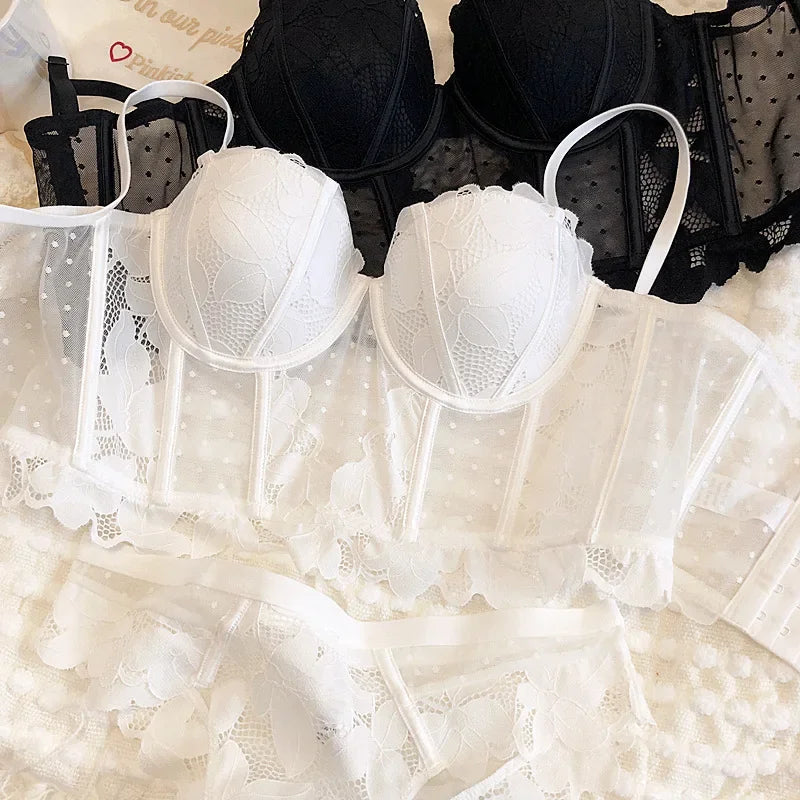 2 peças sexy rendas flores bordado conjunto de roupa interior feminino corpo shaper topos push up sutiã conjunto preto malha ponto lingerie respirável