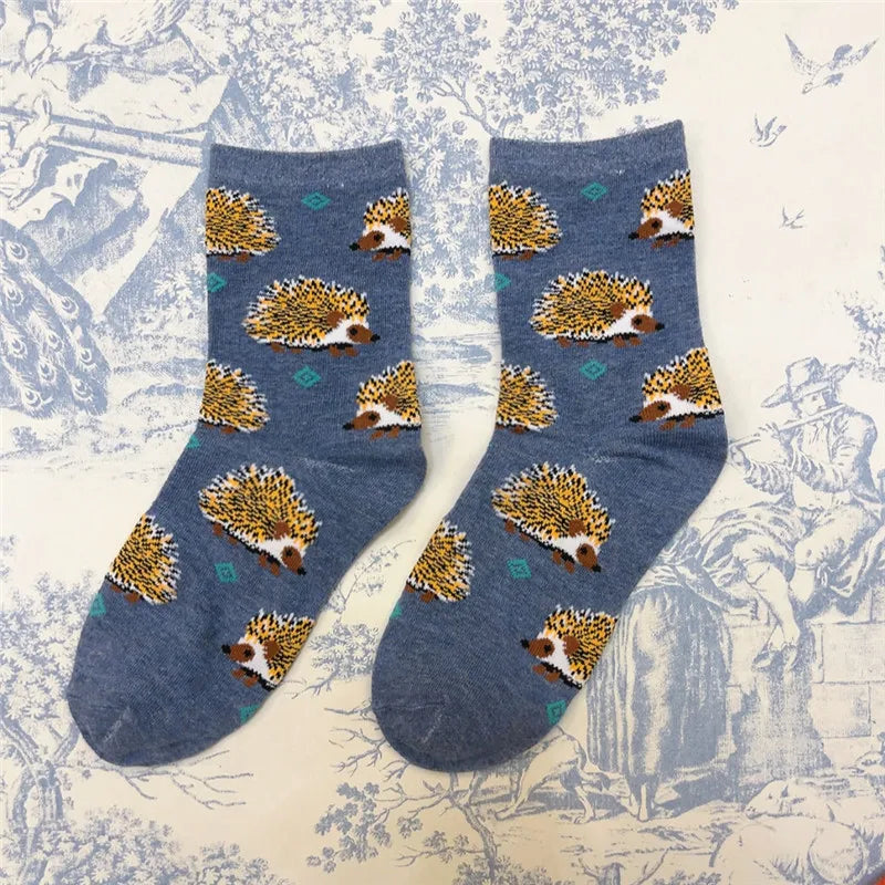 1Pair Adult Size Mid Calf Crew Cartoon Hedgehog Cottton Unisex Socks British Style Casual Harajuku Forest Animal Art Couple Fun