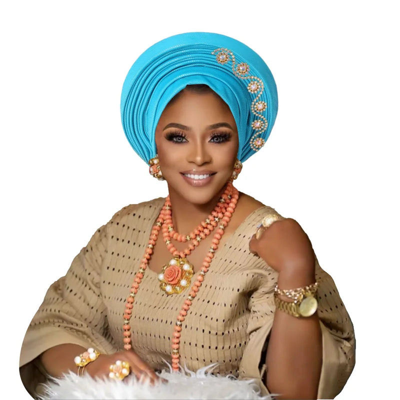 New African Headtie Turban Nigeria Head Ties with Flowers Already Made Auto Gele Women Head Wraps for Wedding Party