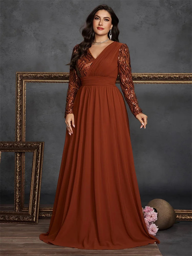 Lucyinlove Plus Size Luxury Chiffon Splicing Long Sleeve Evening Dresses Women Sequins Wedding Party Cocktail Floor Lenght Gowns