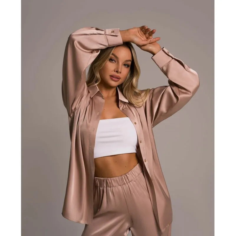Spring And Summer Lady Long Pants Set Elegant Satin Silk Long Sleeved Loose Shirt Wide Leg Pants Two-piece Set Women Outerwear