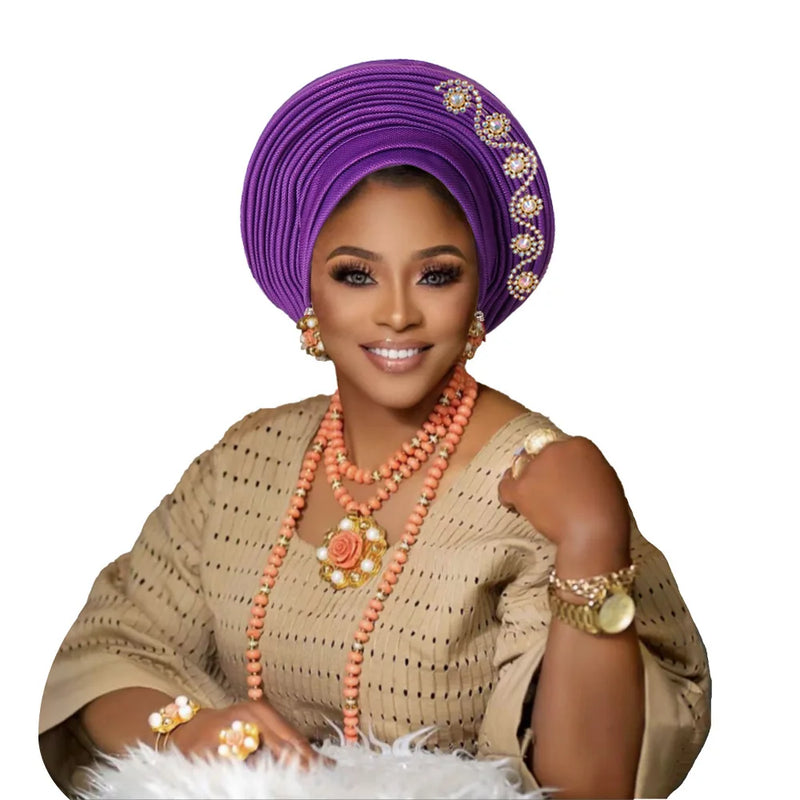 New African Headtie Turban Nigeria Head Ties with Flowers Already Made Auto Gele Women Head Wraps for Wedding Party